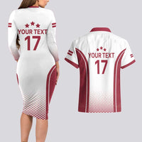 Latvia Basketball Custom Couples Matching Long Sleeve Bodycon Dress and Hawaiian Shirt White Latvian Pattern