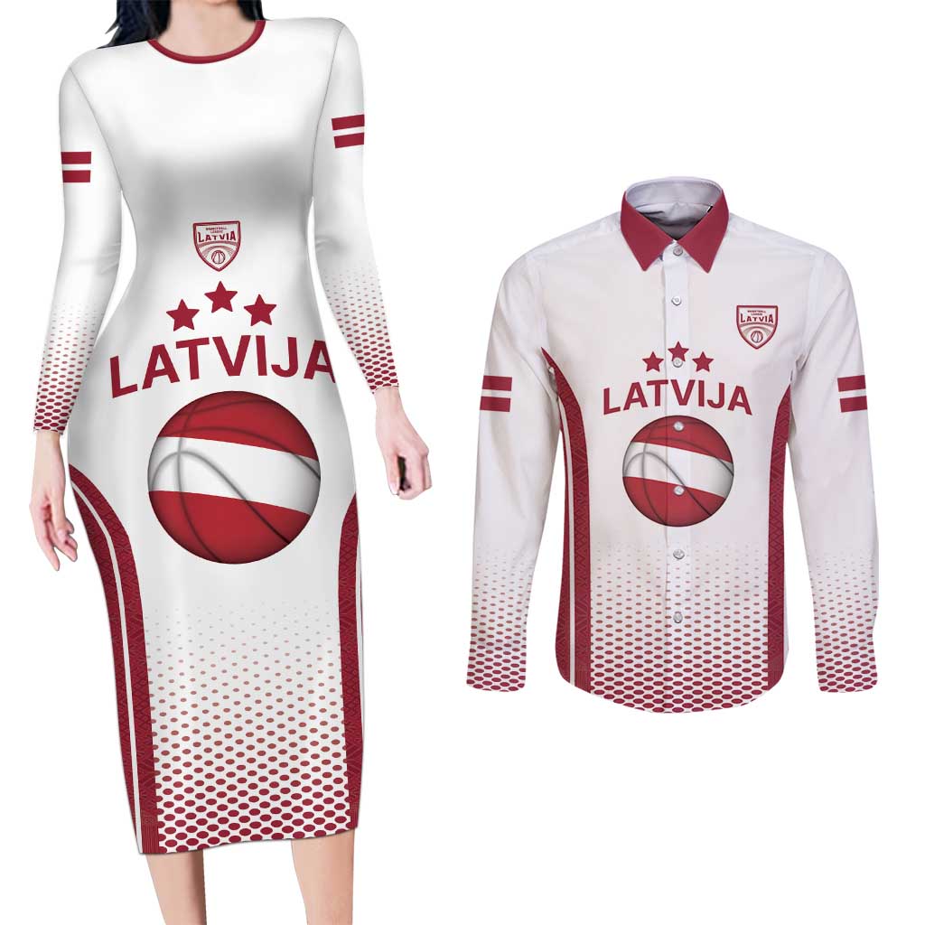Latvia Basketball Custom Couples Matching Long Sleeve Bodycon Dress and Long Sleeve Button Shirt White Latvian Pattern