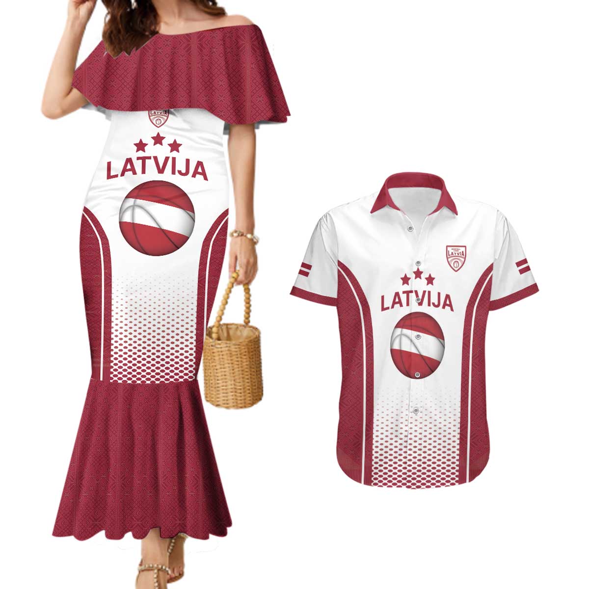 Latvia Basketball Custom Couples Matching Mermaid Dress and Hawaiian Shirt White Latvian Pattern