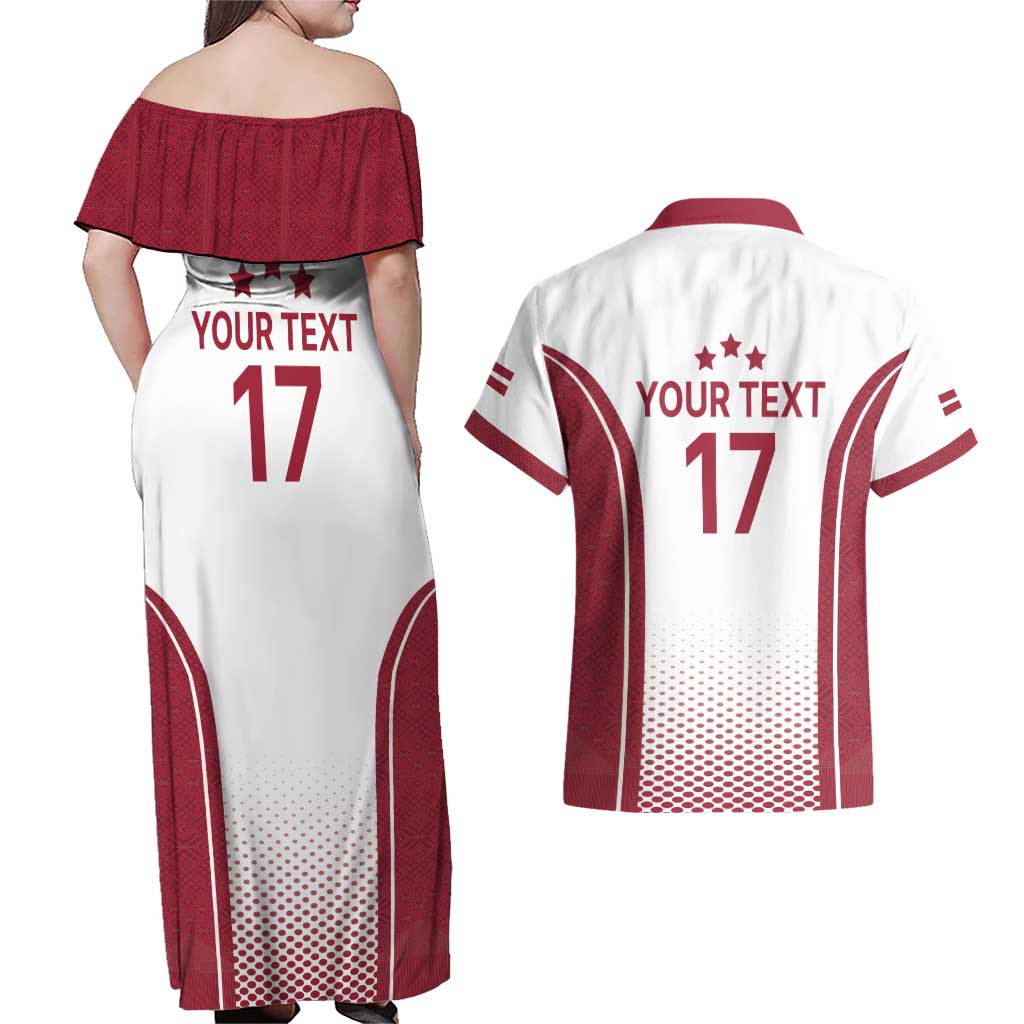 Latvia Basketball Custom Couples Matching Off Shoulder Maxi Dress and Hawaiian Shirt White Latvian Pattern