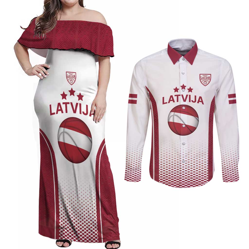 Latvia Basketball Custom Couples Matching Off Shoulder Maxi Dress and Long Sleeve Button Shirt White Latvian Pattern