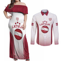 Latvia Basketball Custom Couples Matching Off Shoulder Maxi Dress and Long Sleeve Button Shirt White Latvian Pattern