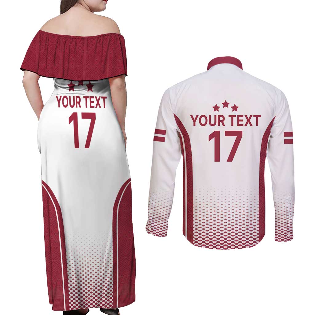Latvia Basketball Custom Couples Matching Off Shoulder Maxi Dress and Long Sleeve Button Shirt White Latvian Pattern
