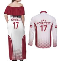 Latvia Basketball Custom Couples Matching Off Shoulder Maxi Dress and Long Sleeve Button Shirt White Latvian Pattern