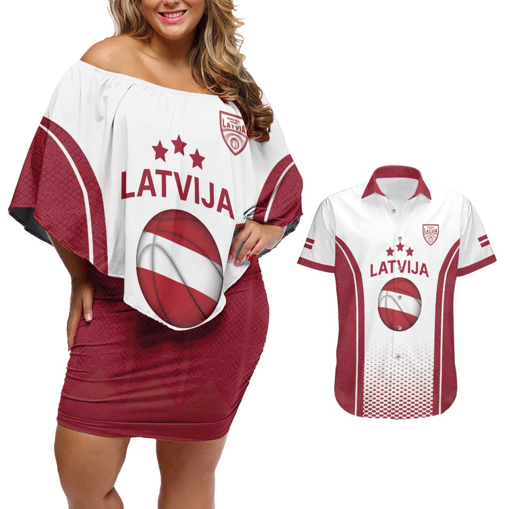 Latvia Basketball Custom Couples Matching Off Shoulder Short Dress and Hawaiian Shirt White Latvian Pattern