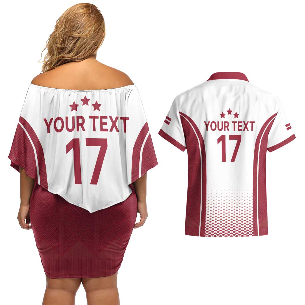 Latvia Basketball Custom Couples Matching Off Shoulder Short Dress and Hawaiian Shirt White Latvian Pattern