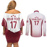 Latvia Basketball Custom Couples Matching Off Shoulder Short Dress and Long Sleeve Button Shirt White Latvian Pattern