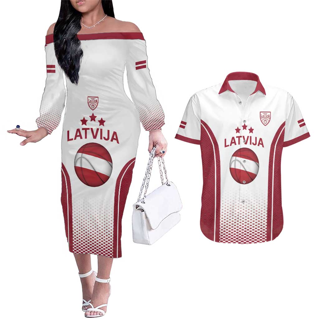 Latvia Basketball Custom Couples Matching Off The Shoulder Long Sleeve Dress and Hawaiian Shirt White Latvian Pattern