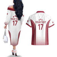 Latvia Basketball Custom Couples Matching Off The Shoulder Long Sleeve Dress and Hawaiian Shirt White Latvian Pattern