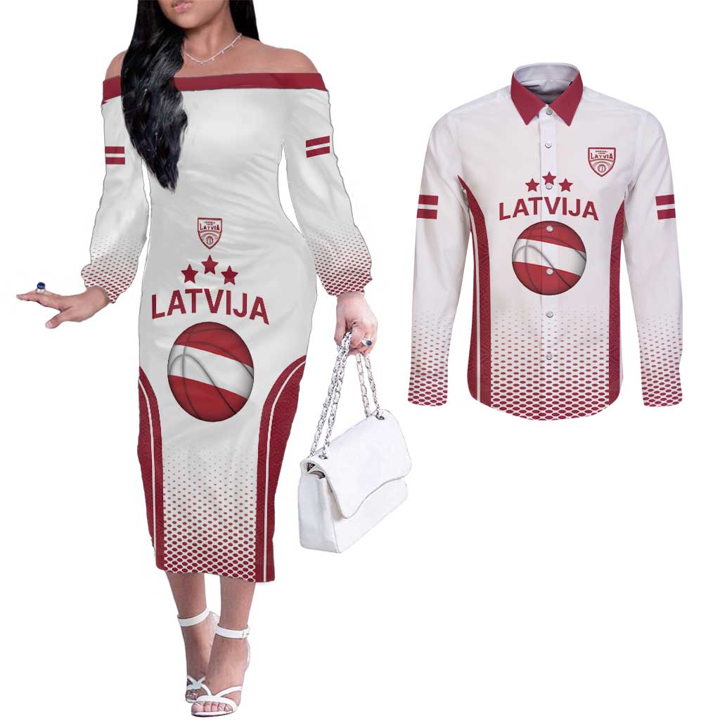 Latvia Basketball Custom Couples Matching Off The Shoulder Long Sleeve Dress and Long Sleeve Button Shirt White Latvian Pattern