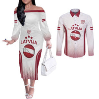 Latvia Basketball Custom Couples Matching Off The Shoulder Long Sleeve Dress and Long Sleeve Button Shirt White Latvian Pattern