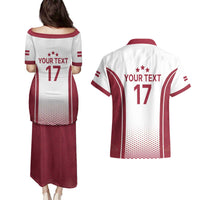 Latvia Basketball Custom Couples Matching Puletasi and Hawaiian Shirt White Latvian Pattern