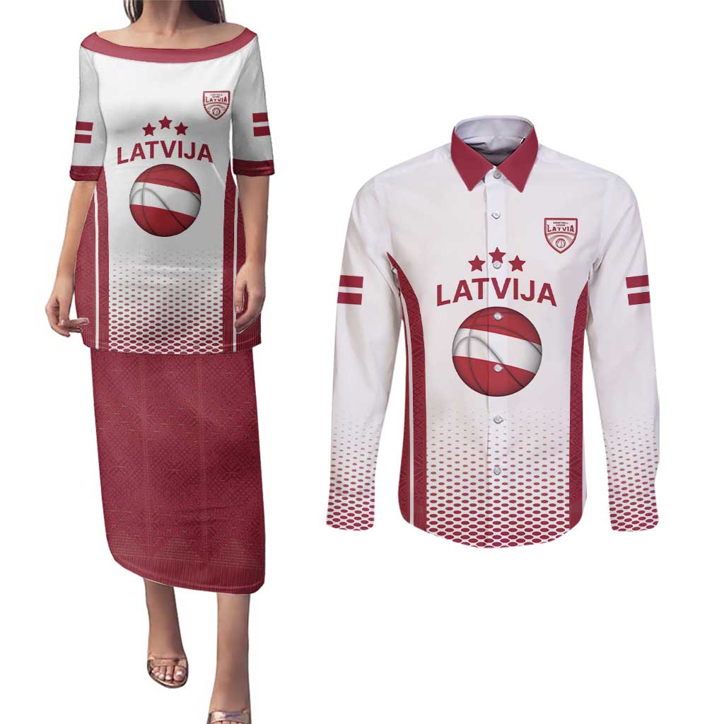Latvia Basketball Custom Couples Matching Puletasi and Long Sleeve Button Shirt White Latvian Pattern
