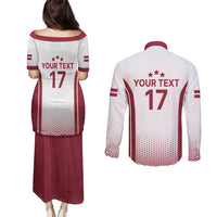 Latvia Basketball Custom Couples Matching Puletasi and Long Sleeve Button Shirt White Latvian Pattern
