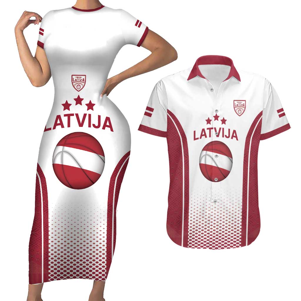 Latvia Basketball Custom Couples Matching Short Sleeve Bodycon Dress and Hawaiian Shirt White Latvian Pattern