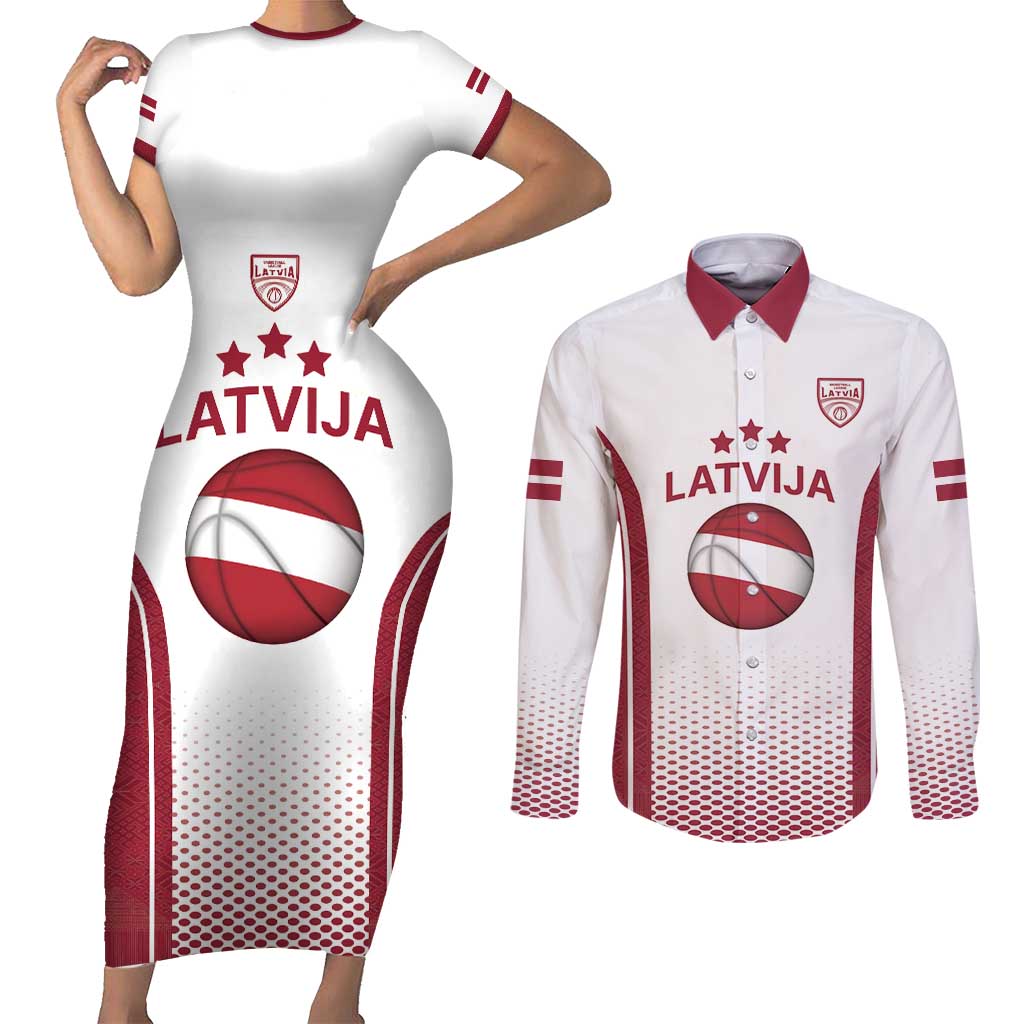 Latvia Basketball Custom Couples Matching Short Sleeve Bodycon Dress and Long Sleeve Button Shirt White Latvian Pattern