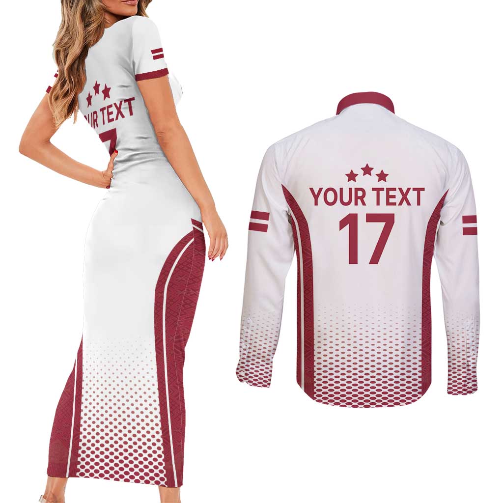 Latvia Basketball Custom Couples Matching Short Sleeve Bodycon Dress and Long Sleeve Button Shirt White Latvian Pattern