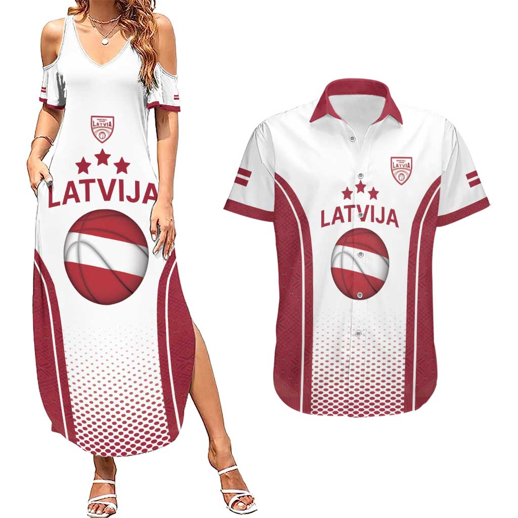 Latvia Basketball Custom Couples Matching Summer Maxi Dress and Hawaiian Shirt White Latvian Pattern