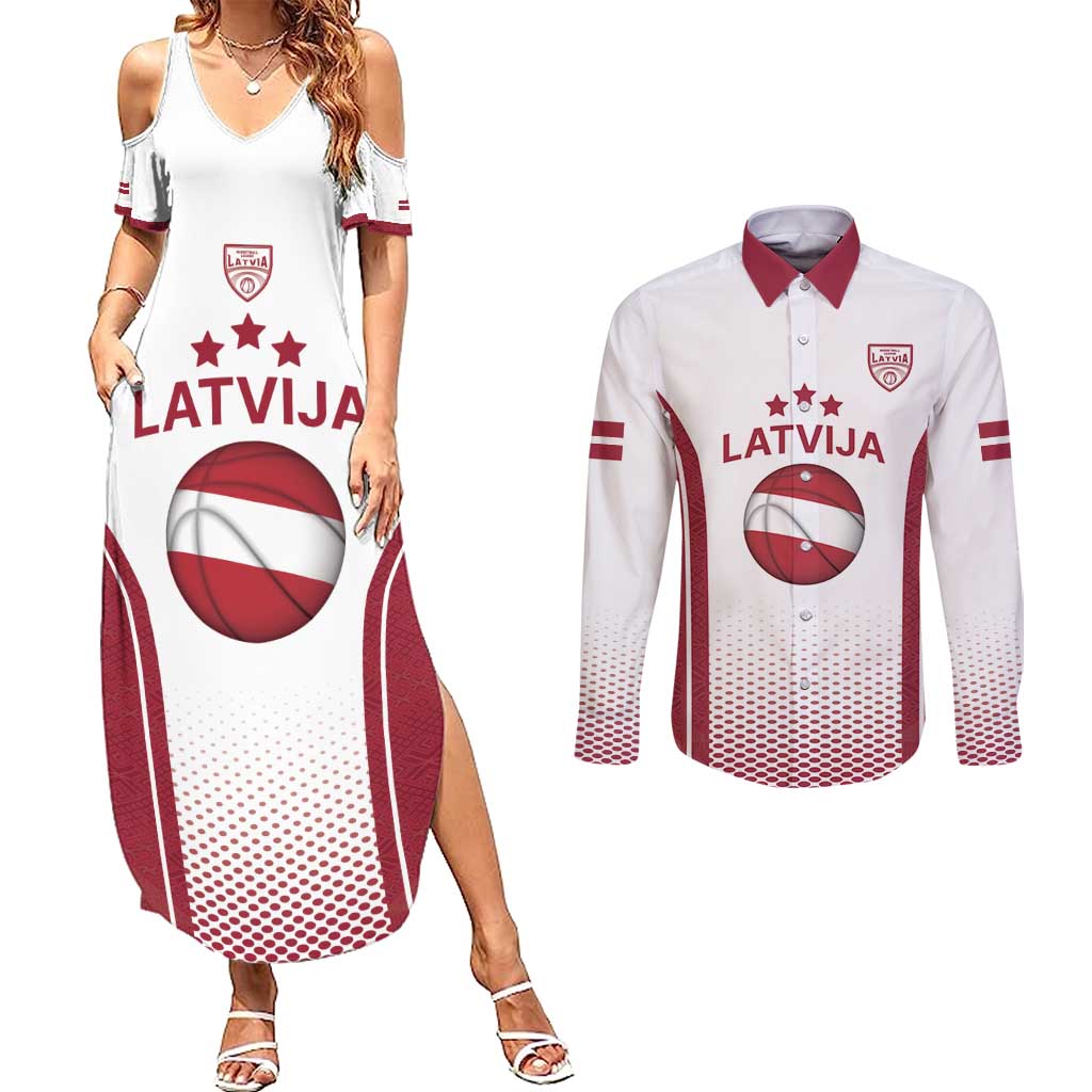 Latvia Basketball Custom Couples Matching Summer Maxi Dress and Long Sleeve Button Shirt White Latvian Pattern
