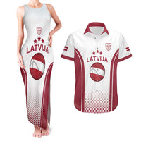 Latvia Basketball Custom Couples Matching Tank Maxi Dress and Hawaiian Shirt White Latvian Pattern
