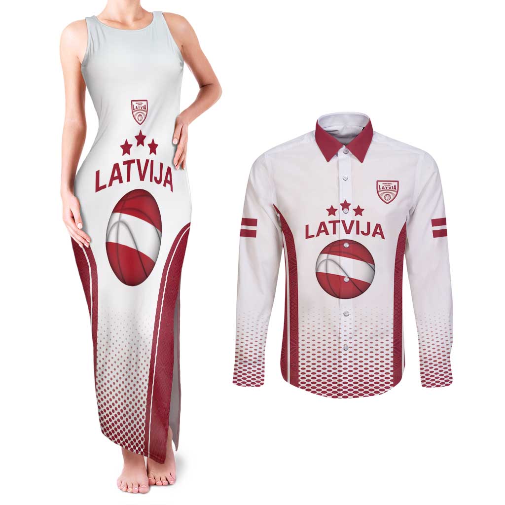 Latvia Basketball Custom Couples Matching Tank Maxi Dress and Long Sleeve Button Shirt White Latvian Pattern