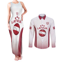 Latvia Basketball Custom Couples Matching Tank Maxi Dress and Long Sleeve Button Shirt White Latvian Pattern