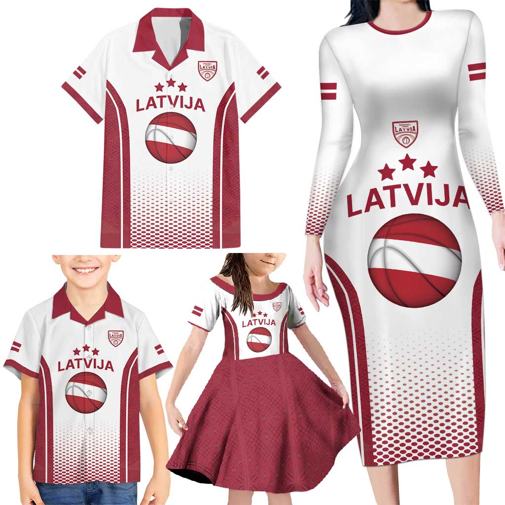 Latvia Basketball Custom Family Matching Long Sleeve Bodycon Dress and Hawaiian Shirt White Latvian Pattern