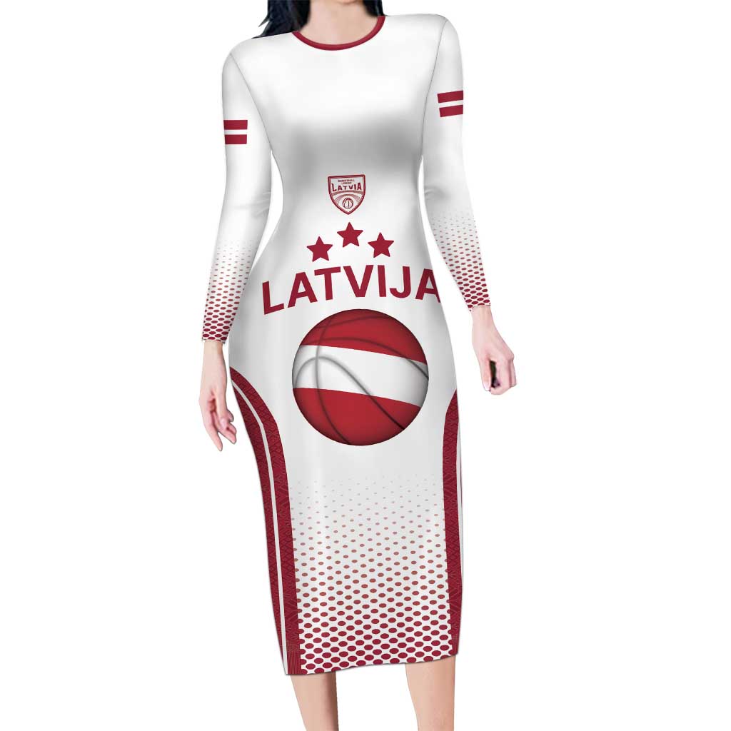 Latvia Basketball Custom Family Matching Long Sleeve Bodycon Dress and Hawaiian Shirt White Latvian Pattern