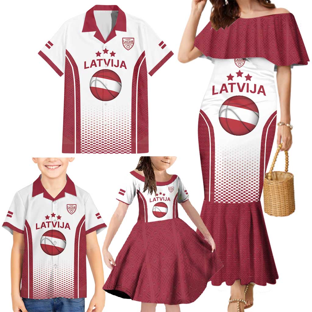 Latvia Basketball Custom Family Matching Mermaid Dress and Hawaiian Shirt White Latvian Pattern