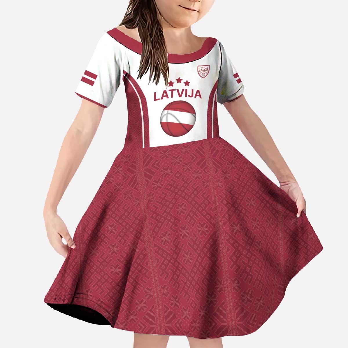 Latvia Basketball Custom Family Matching Off The Shoulder Long Sleeve Dress and Hawaiian Shirt White Latvian Pattern