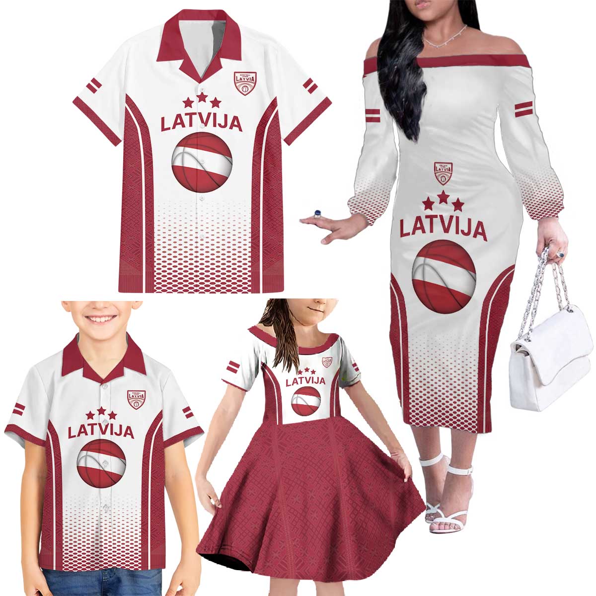 Latvia Basketball Custom Family Matching Off The Shoulder Long Sleeve Dress and Hawaiian Shirt White Latvian Pattern