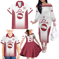 Latvia Basketball Custom Family Matching Off The Shoulder Long Sleeve Dress and Hawaiian Shirt White Latvian Pattern