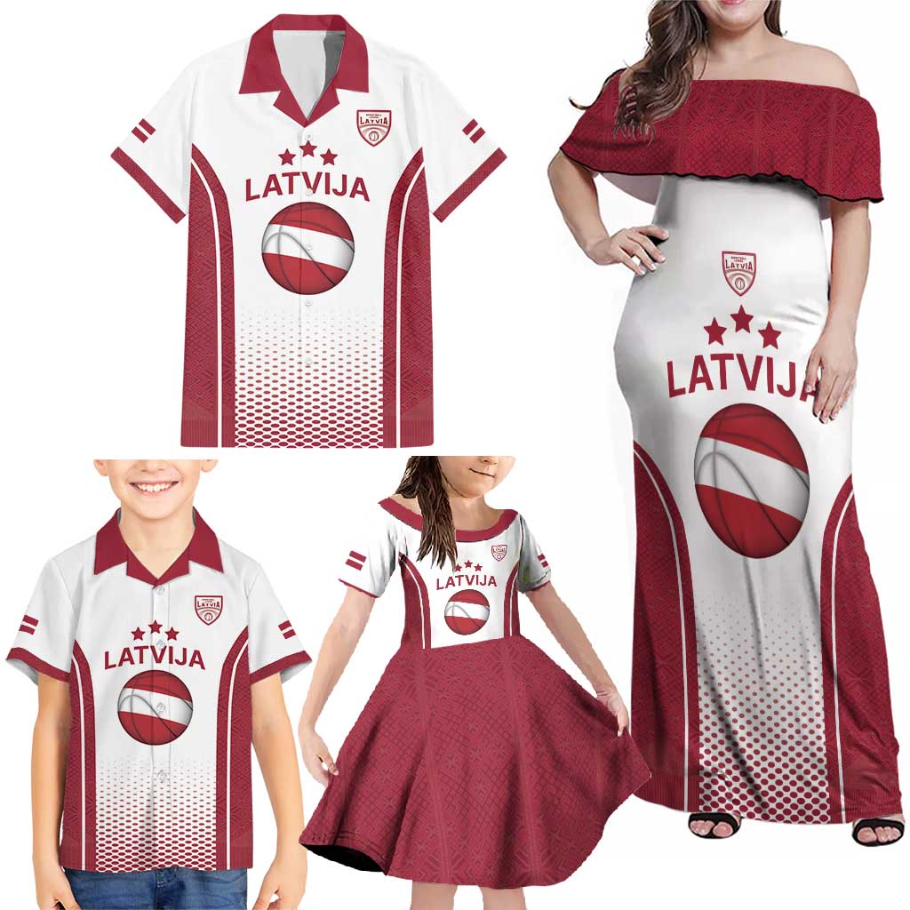 Latvia Basketball Custom Family Matching Off Shoulder Maxi Dress and Hawaiian Shirt White Latvian Pattern