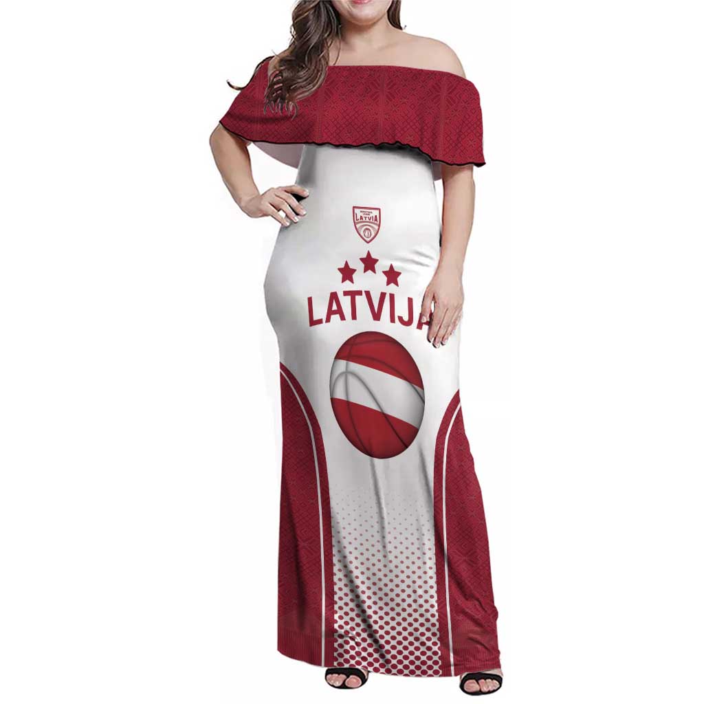 Latvia Basketball Custom Family Matching Off Shoulder Maxi Dress and Hawaiian Shirt White Latvian Pattern