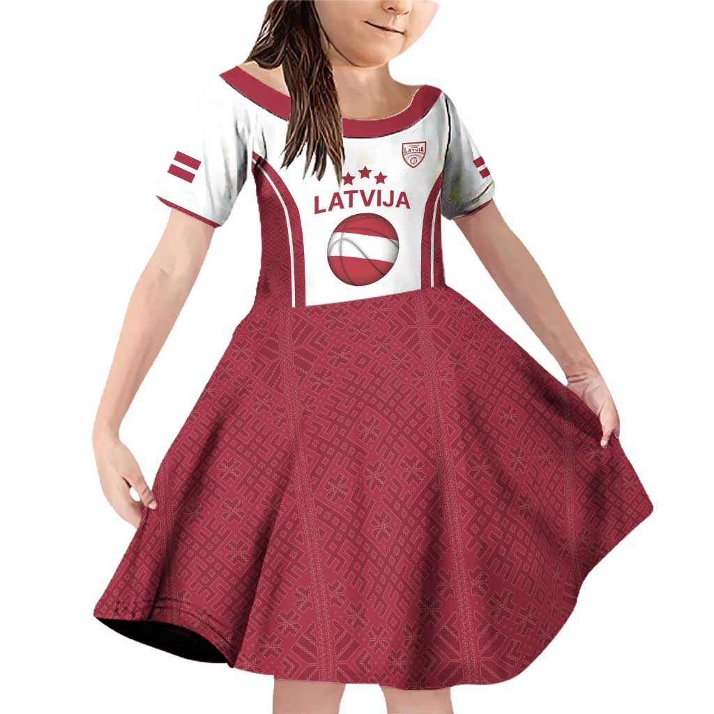 Latvia Basketball Custom Family Matching Off Shoulder Short Dress and Hawaiian Shirt White Latvian Pattern