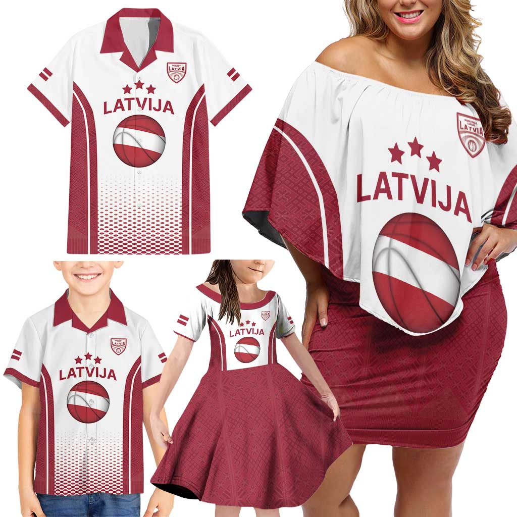 Latvia Basketball Custom Family Matching Off Shoulder Short Dress and Hawaiian Shirt White Latvian Pattern