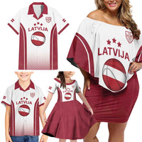 Latvia Basketball Custom Family Matching Off Shoulder Short Dress and Hawaiian Shirt White Latvian Pattern