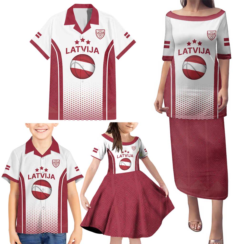 Latvia Basketball Custom Family Matching Puletasi and Hawaiian Shirt White Latvian Pattern