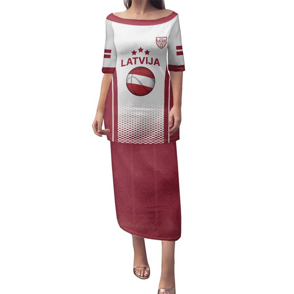 Latvia Basketball Custom Family Matching Puletasi and Hawaiian Shirt White Latvian Pattern