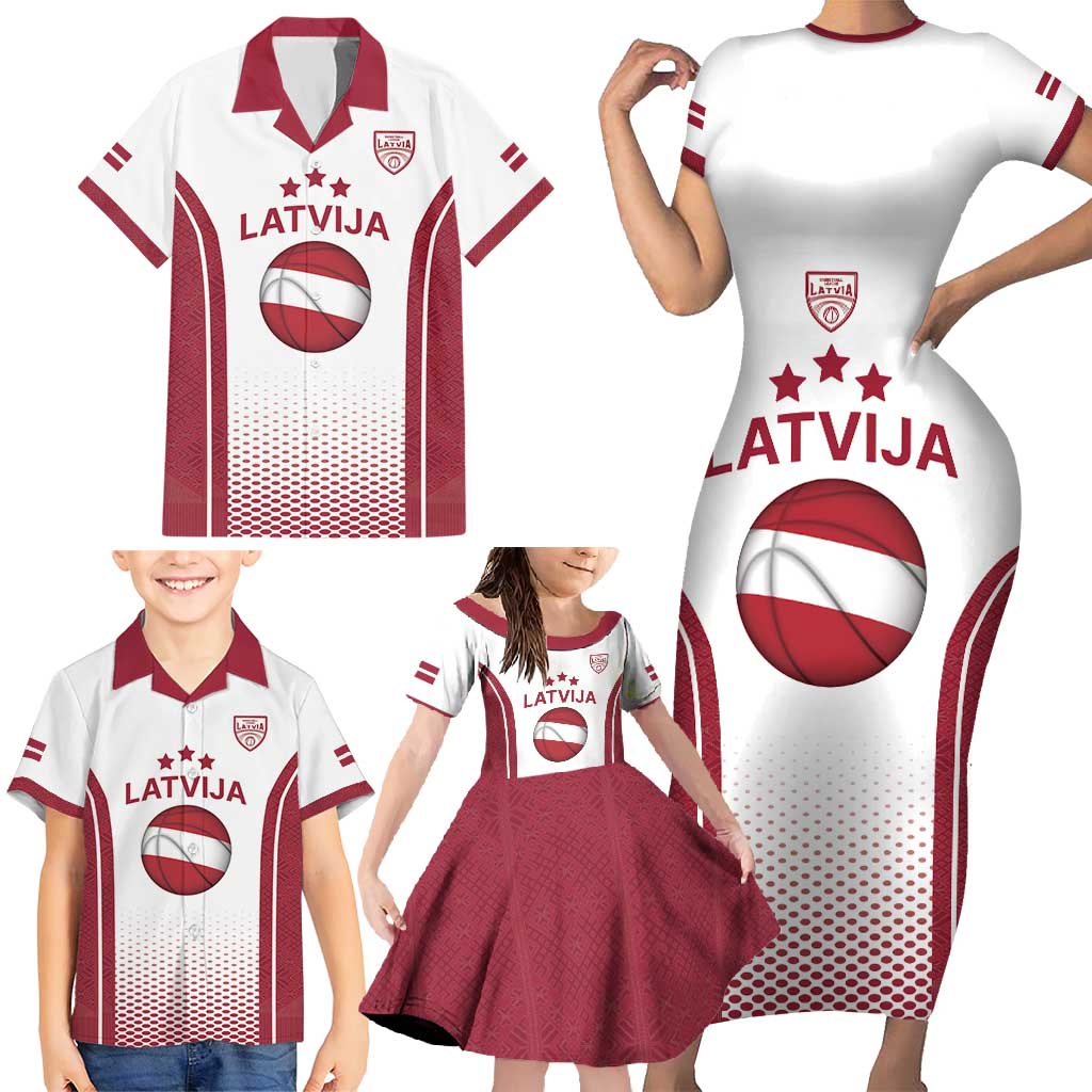 Latvia Basketball Custom Family Matching Short Sleeve Bodycon Dress and Hawaiian Shirt White Latvian Pattern