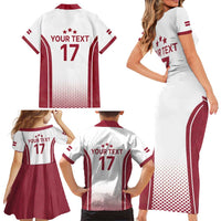 Latvia Basketball Custom Family Matching Short Sleeve Bodycon Dress and Hawaiian Shirt White Latvian Pattern