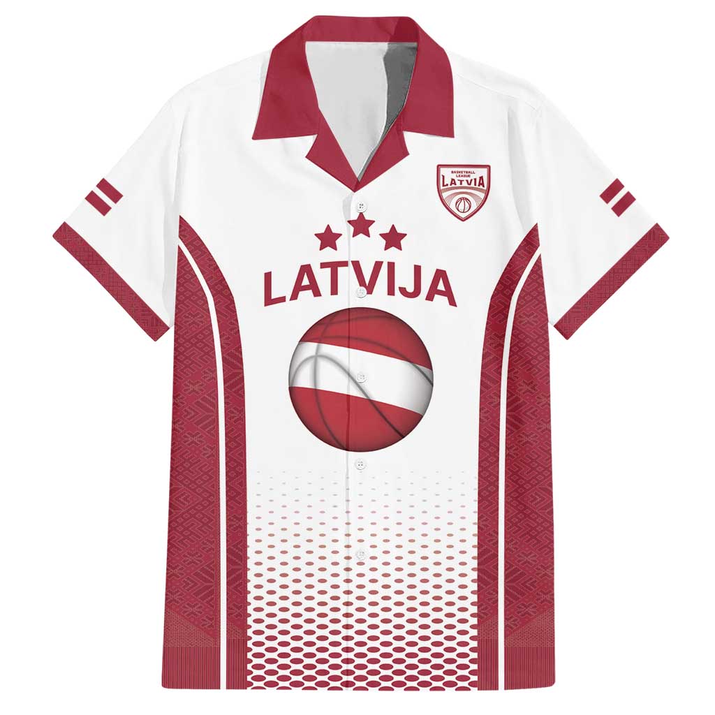 Latvia Basketball Custom Family Matching Short Sleeve Bodycon Dress and Hawaiian Shirt White Latvian Pattern