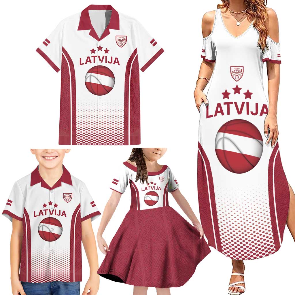 Latvia Basketball Custom Family Matching Summer Maxi Dress and Hawaiian Shirt White Latvian Pattern