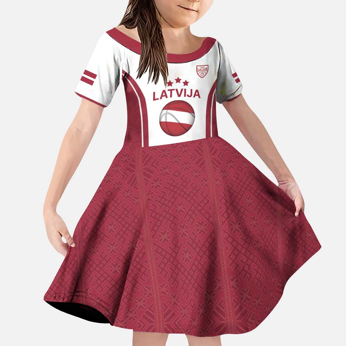 Latvia Basketball Custom Kid Short Sleeve Dress White Latvian Pattern