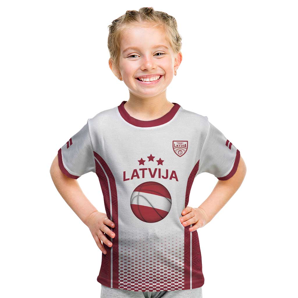 Latvia Basketball Custom Kid T Shirt White Latvian Pattern