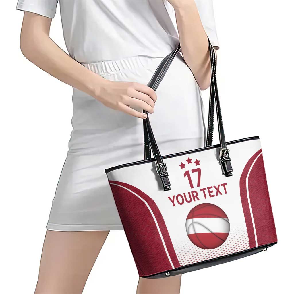 Latvia Basketball Custom Leather Tote Bag White Latvian Pattern