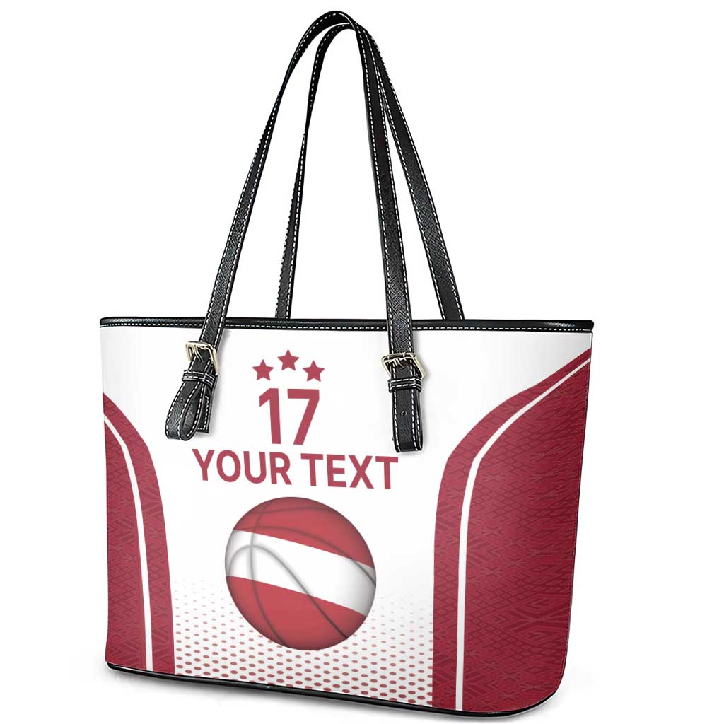 Latvia Basketball Custom Leather Tote Bag White Latvian Pattern