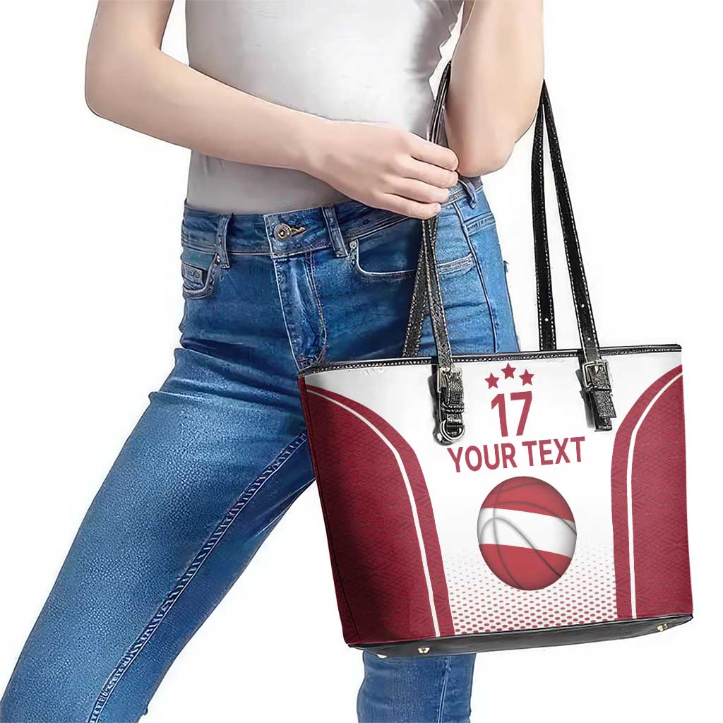 Latvia Basketball Custom Leather Tote Bag White Latvian Pattern