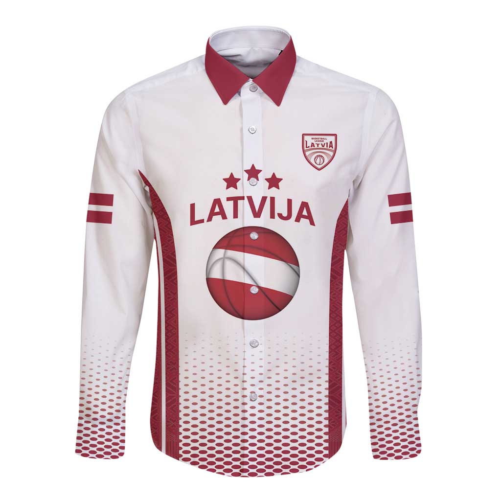 Latvia Basketball Custom Long Sleeve Button Shirt White Latvian Pattern