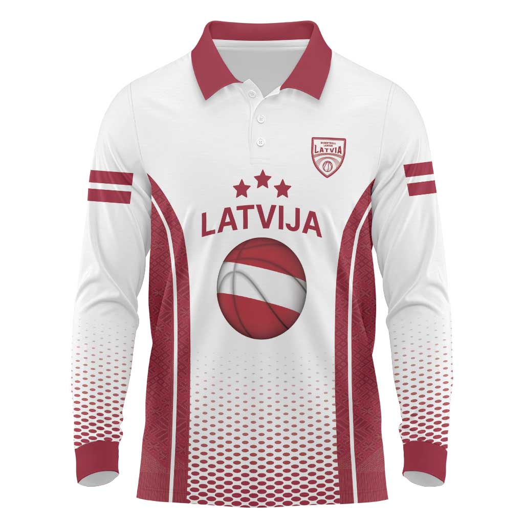 Latvia Basketball Custom Long Sleeve Polo Shirt White Latvian Pattern